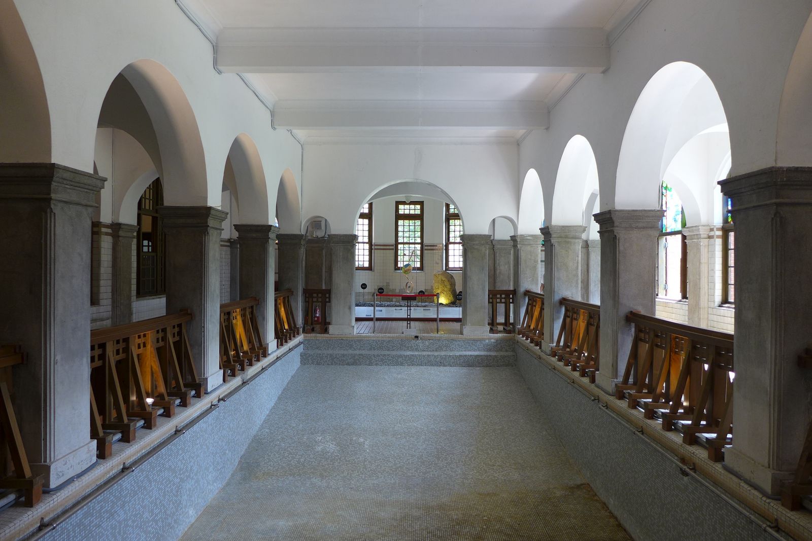 The tatami-mat hall inside the Beitou Hot Spring Museum, with wooden floors and walls in Japanese style
