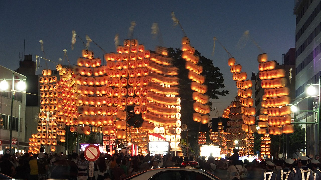 Kanto Festival in Akita with giant lantern poles in summer in Japan