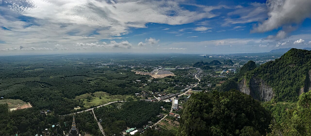 Tiger Cave Temple Krabi — the panoramic view from the summit looking out over the Krabi plains, forest, palm groves and scattered limestone karst