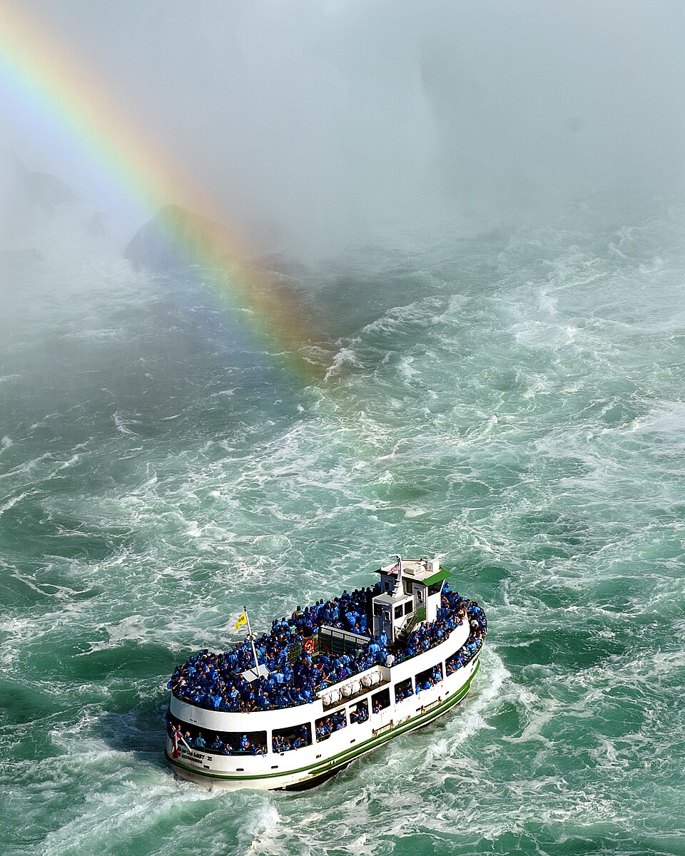 เรือล่องเข้าใกล้น้ำตกไนแอการา เสื้อกันฝนสีแดง