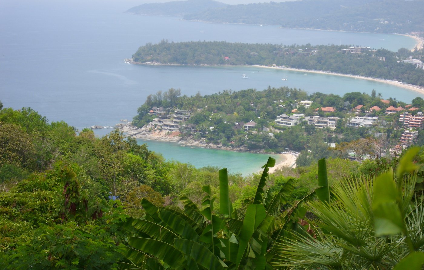 Karon Viewpoint Phuket — looking down on three beaches in a row, Kata Noi, Kata and Karon, white-sand arcs against turquoise water