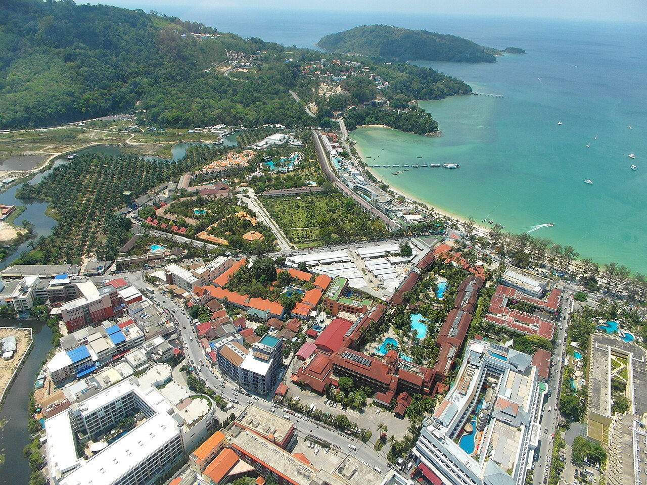 The beachfront road at Patong, Phuket — an area with many scooter-rental shops and heavy traffic