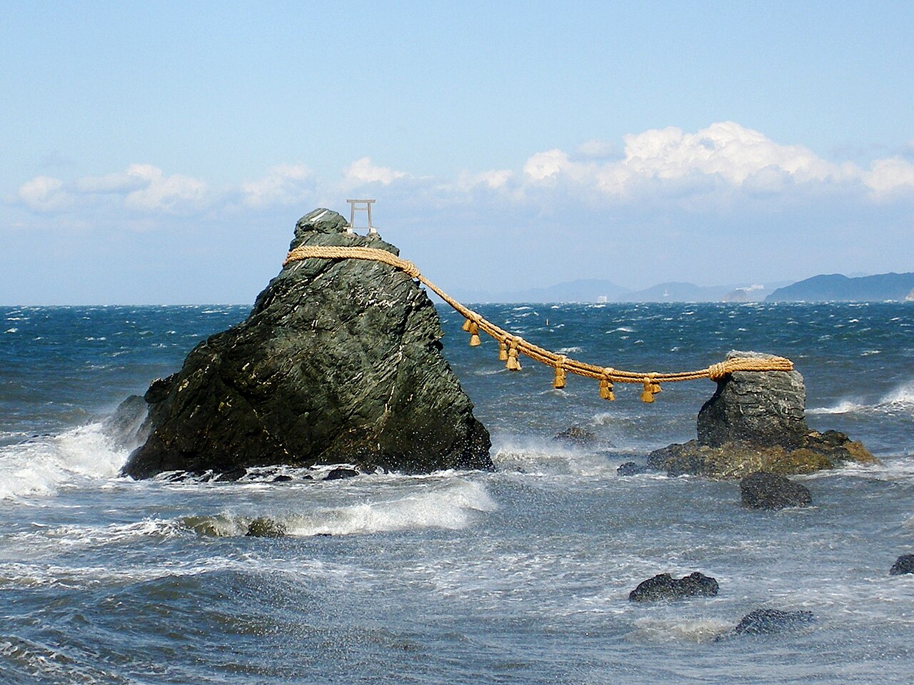 Meoto Iwa Wedded Rocks linked by sacred shimenawa rope at Futami