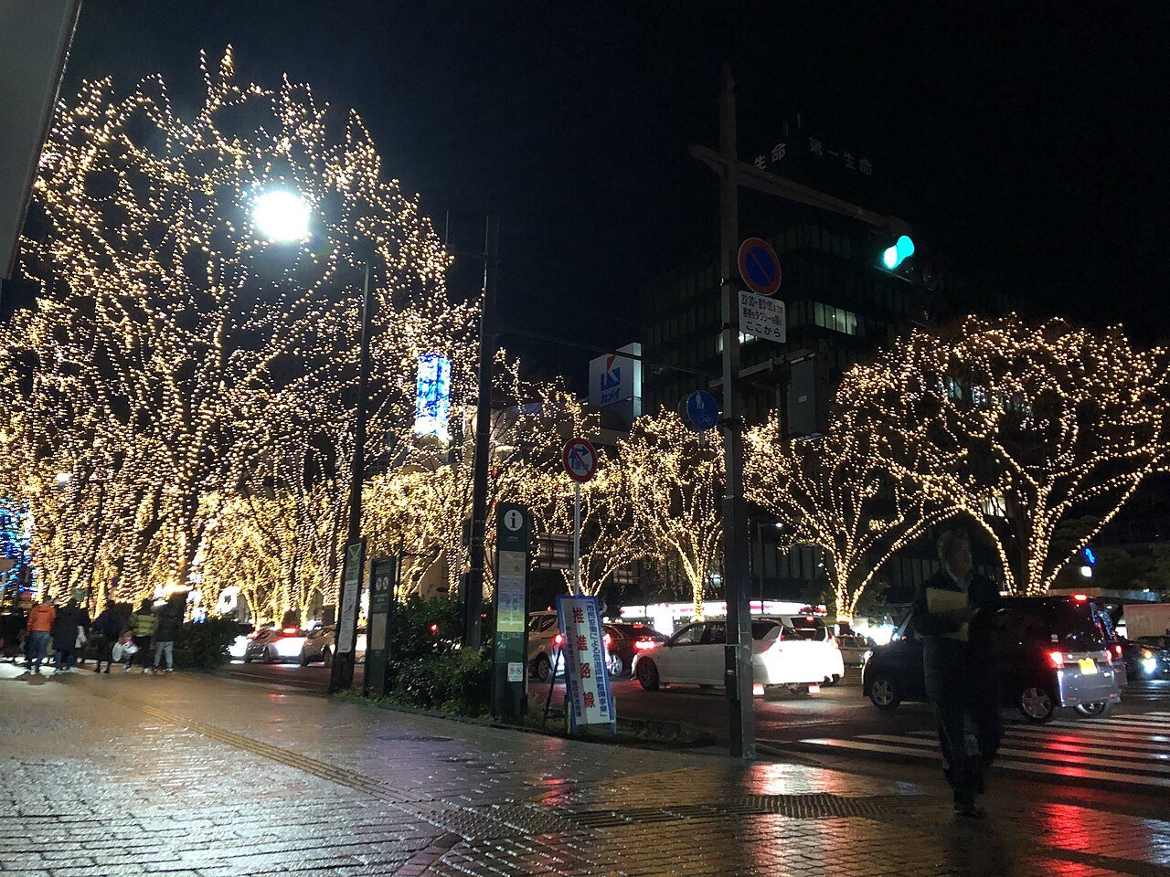 SENDAI Pageant of Starlight December — Jozenji-dori avenue with every zelkova tree covered in warm white LED lights creating a glowing tunnel at night