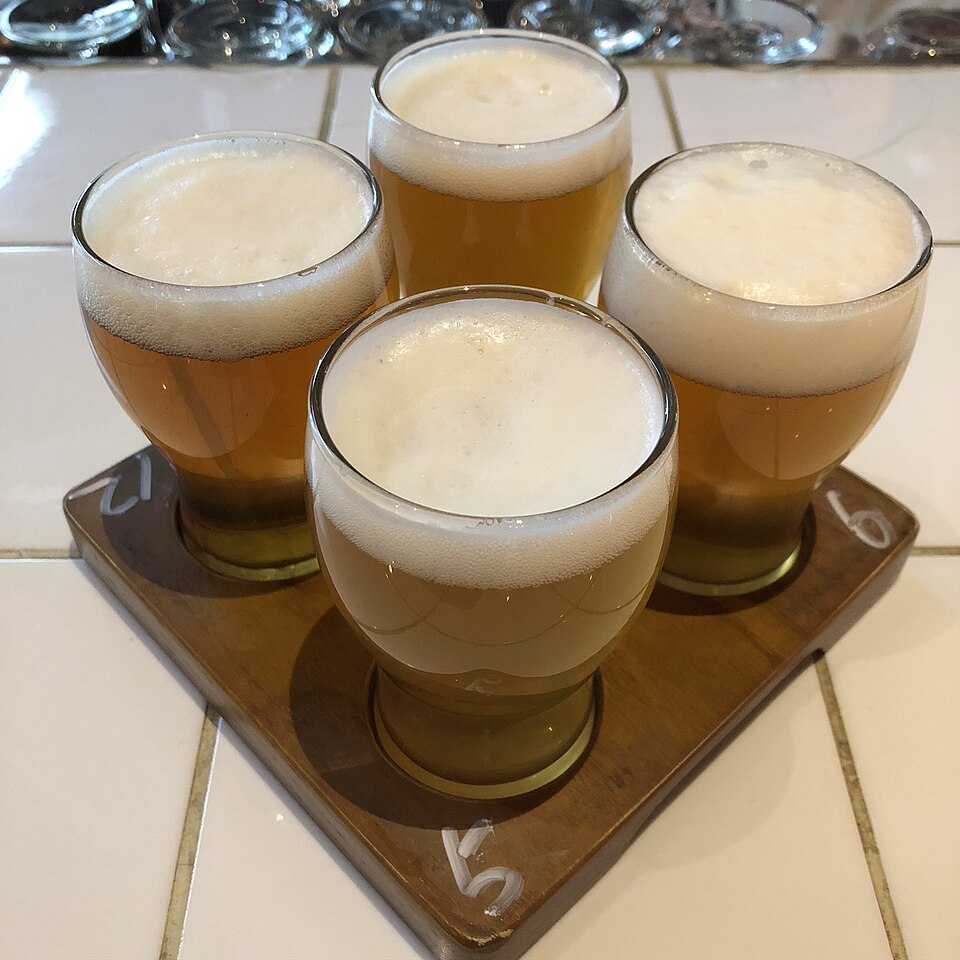 Several craft beers lined up as a tasting flight