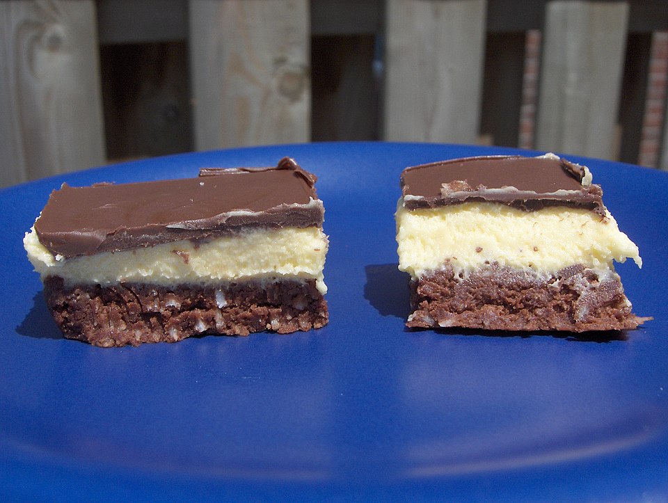 Nanaimo bar three-layer dessert cut into squares