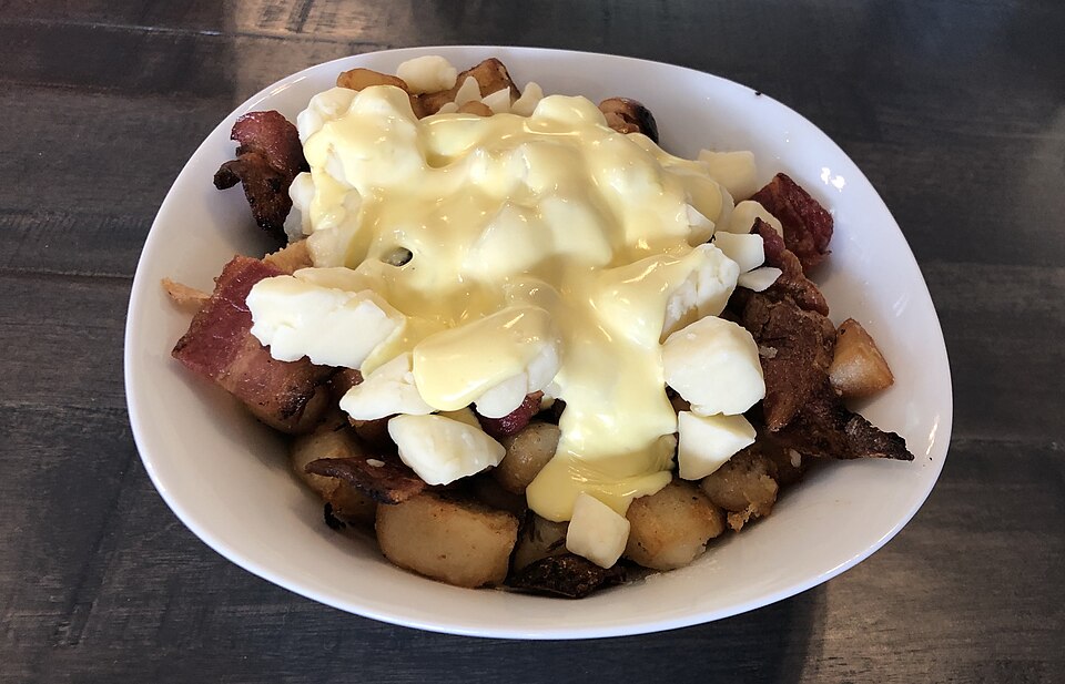 Poutine with fries, gravy and cheese curds in a dish