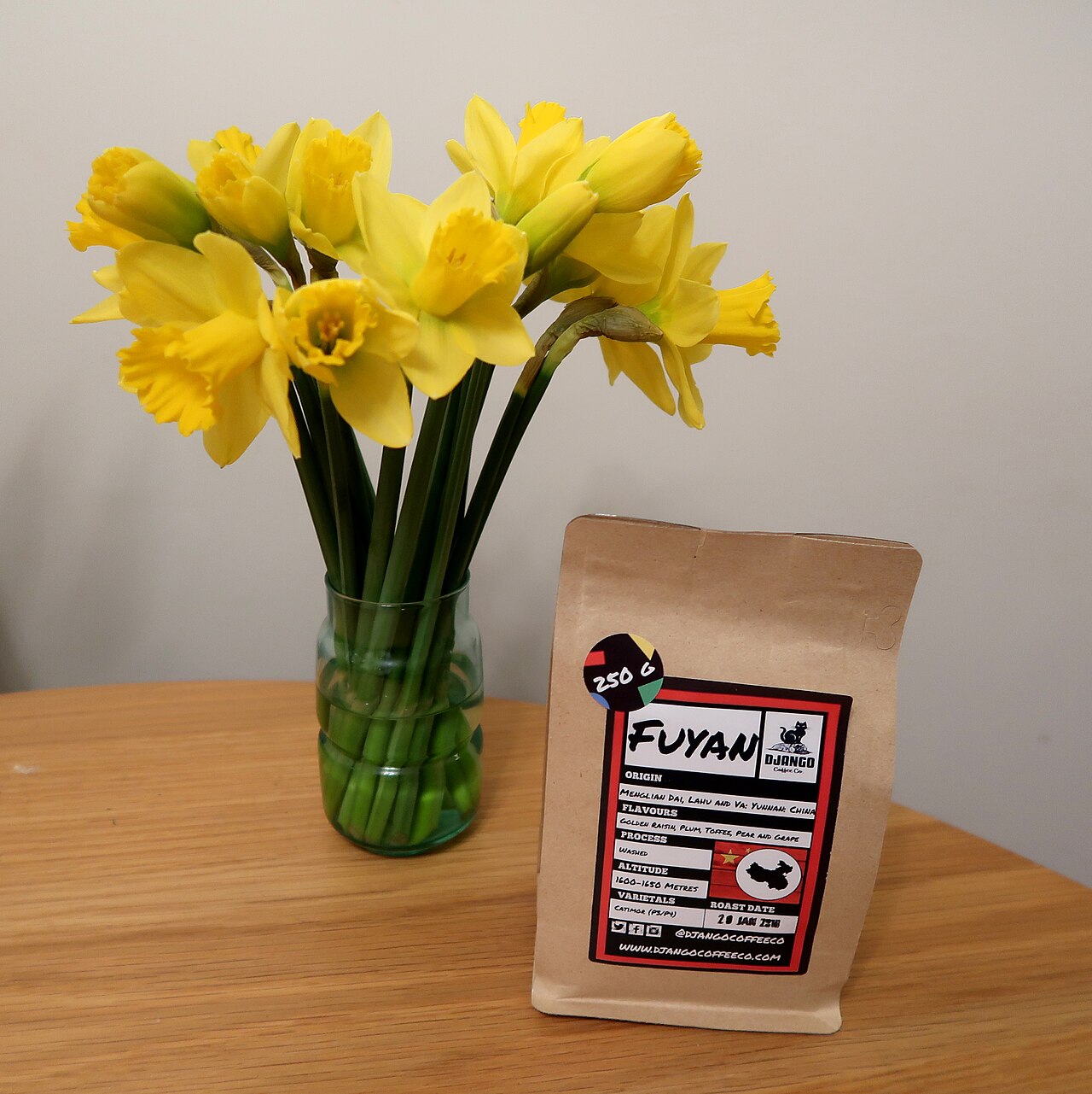 A bag of roasted Yunnan coffee (Django Coffee Co., a lot from Menglian, Yunnan) labelled as grown in Yunnan, China