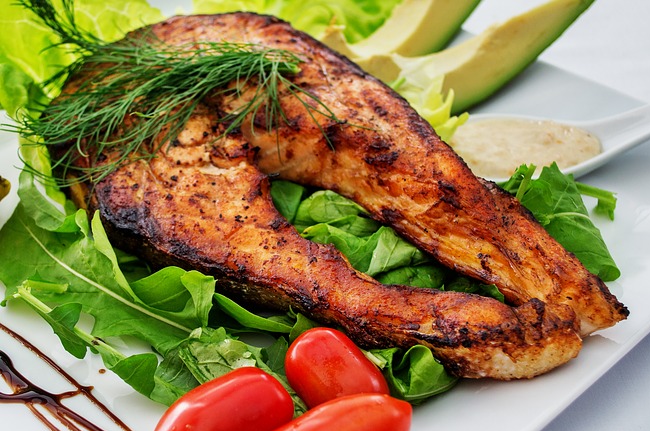 Salmon cooked on a cedar plank, plated