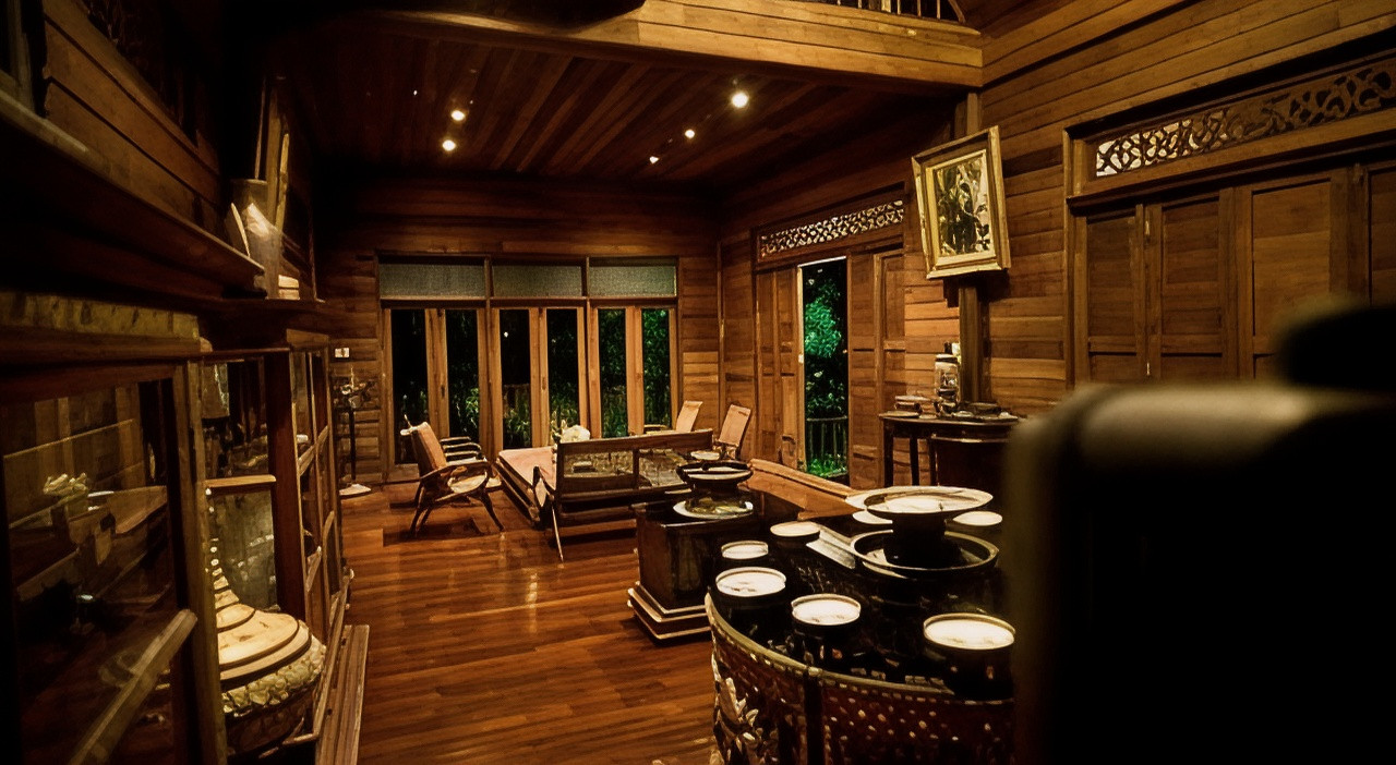 All-teak sitting room with Thai antiques at Baan Tye Wang Ayutthaya