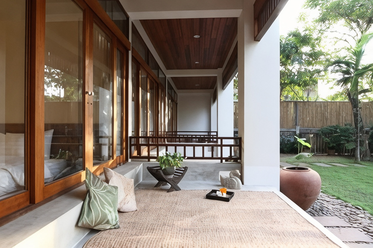 Wide private veranda with cushions overlooking the canalside garden