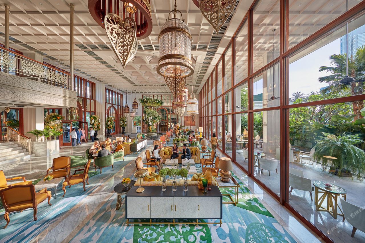 Riverside lobby lounge at Mandarin Oriental Bangkok with garden and Chao Phraya views
