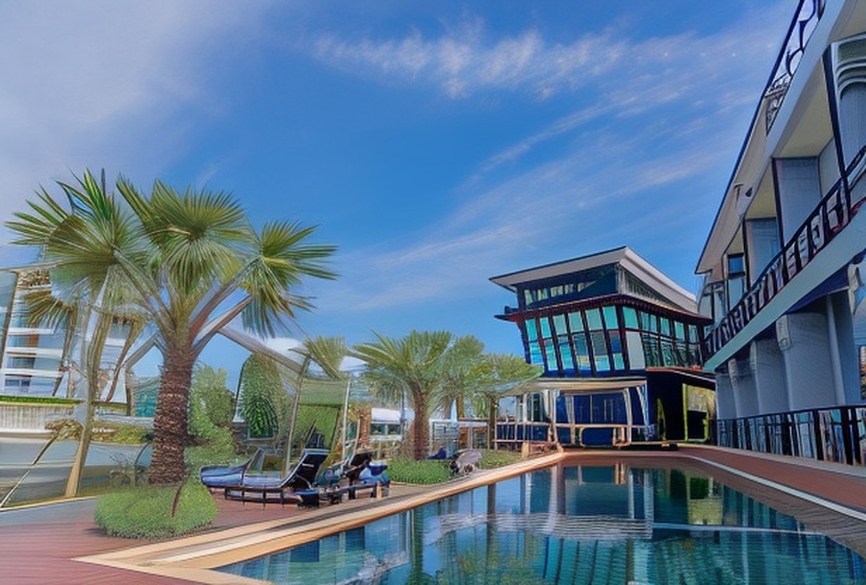 Outdoor pool beside the riverbank with palm trees and the hotel's glass building