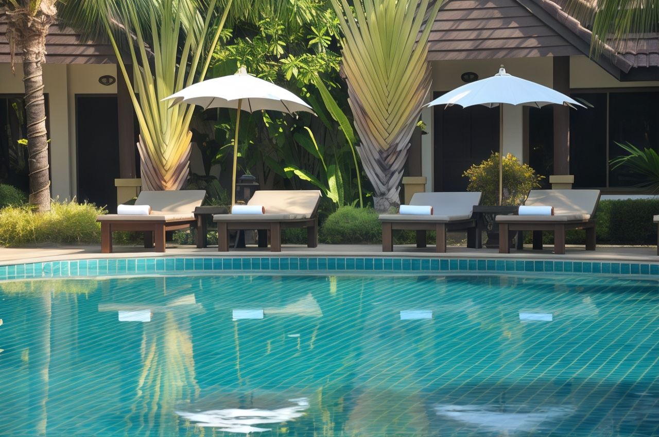 Lagoon swimming pool at Laluna Hotel & Resort with sun loungers and white umbrellas