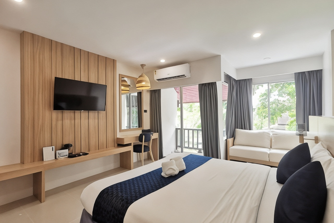 ห้องบังกะโลตกแต่งใหม่ มีโซฟาและระเบียงส่วนตัววิวสวน