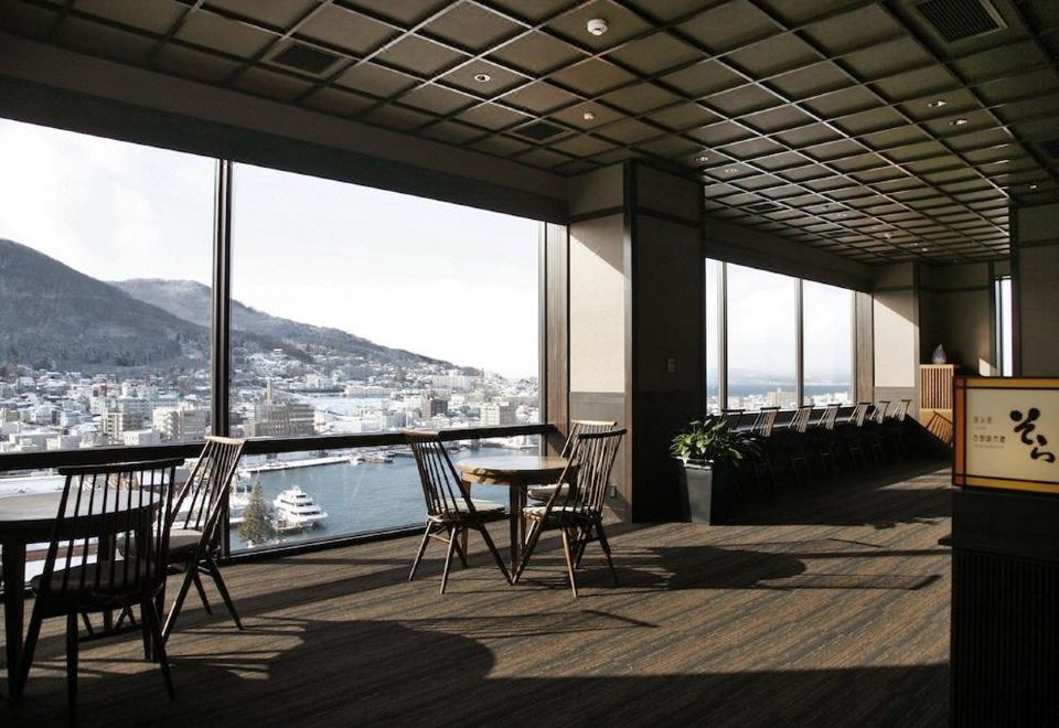 Sora restaurant at La Vista Hakodate Bay with floor-to-ceiling bay views in winter