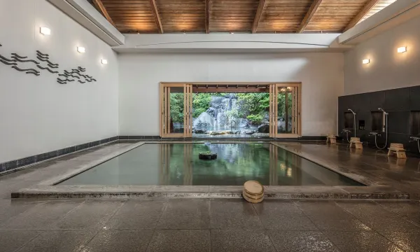 Gora Kadan indoor onsen (ooyu) with garden waterfall view