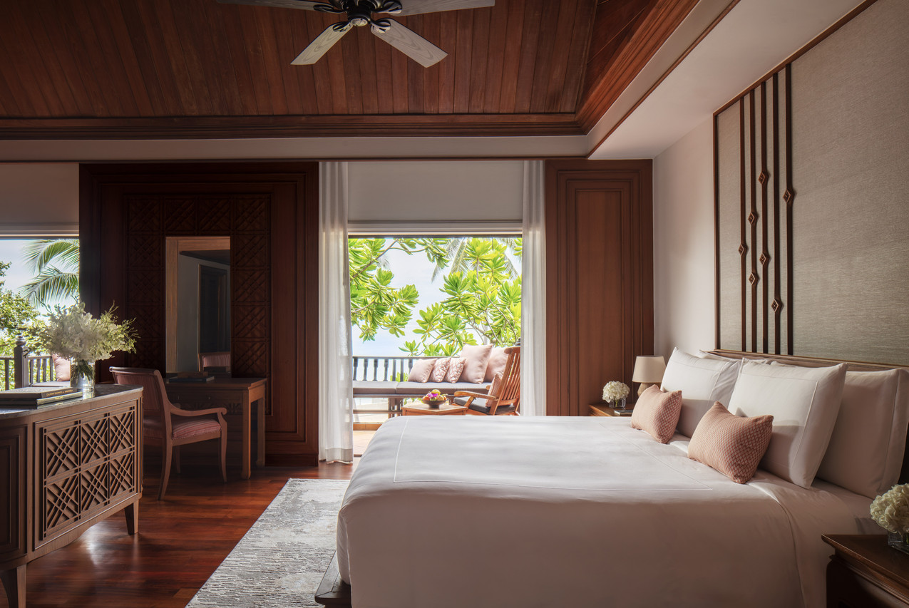Sea-view room at Anantara Hua Hin with teak ceiling and Thai silk detailing