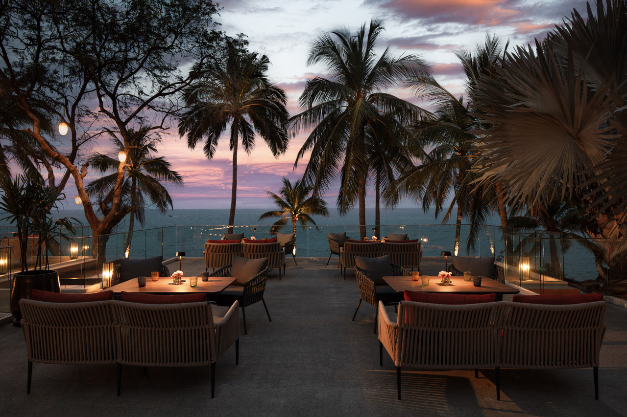 Sea Fire Salt beachfront restaurant at sunset