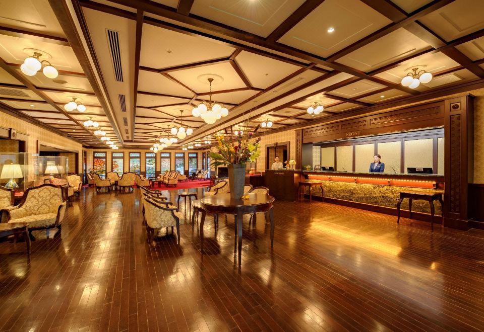 Taisho Roman front lobby and reception desk at Kanazawa Hakuchoro Hotel