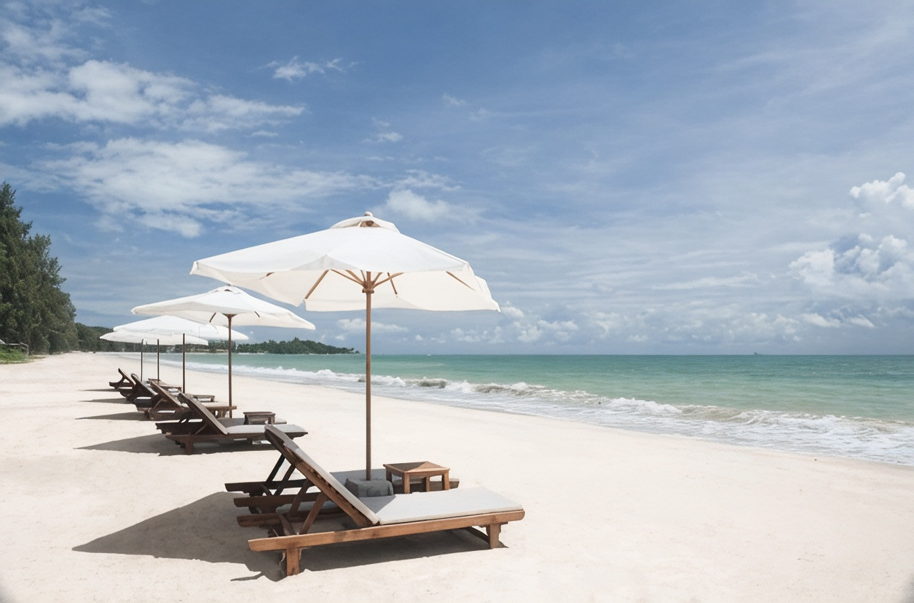 Long Beach (Phra Ae) in front of the resort, white sand with teak loungers and white umbrellas