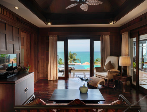 Teak villa with a private pool looking out over the Andaman Sea at Rawi Warin Resort, Koh Lanta