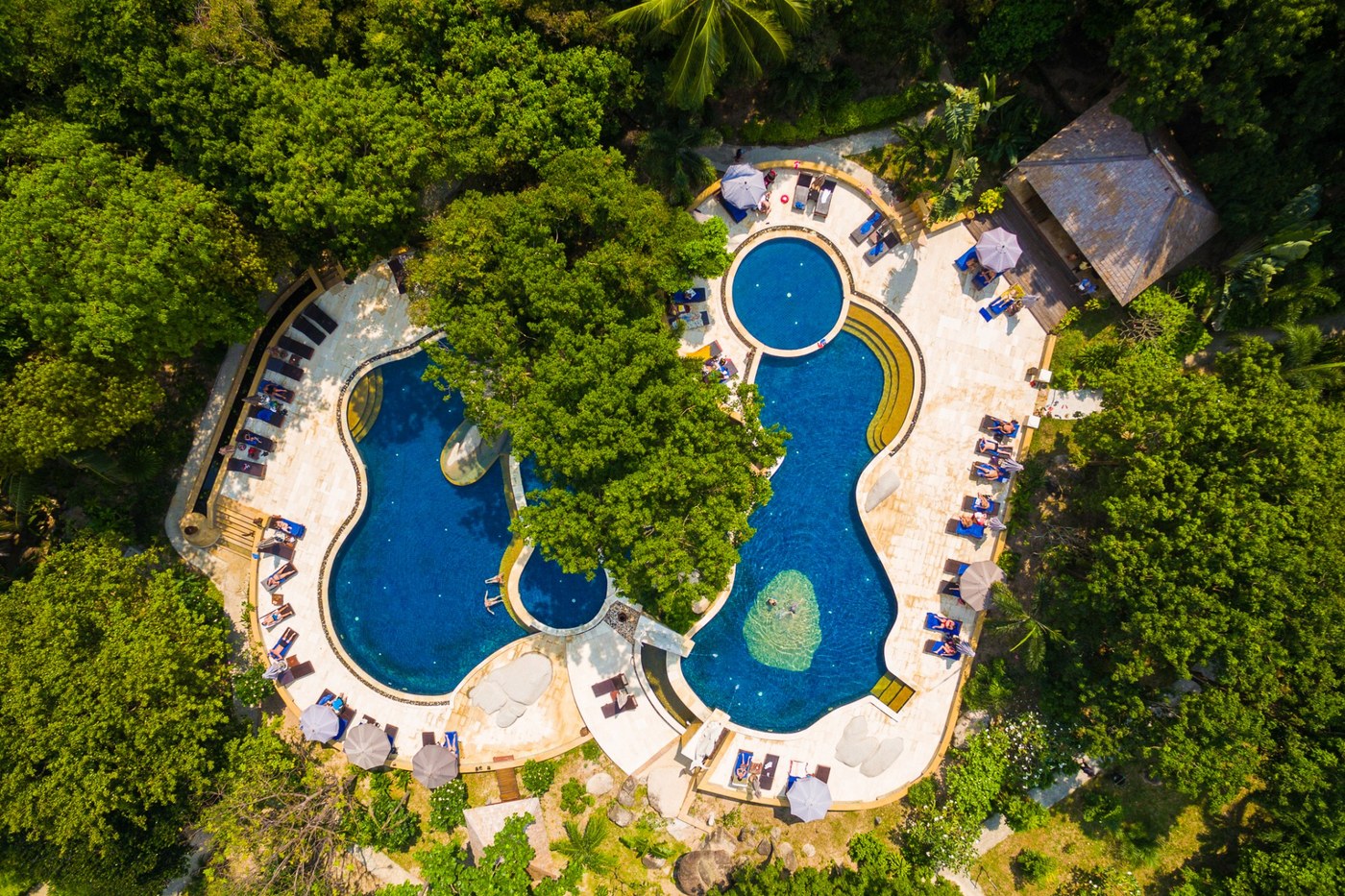 สระว่ายน้ำ lagoon 2 ระดับกลางป่า มุมสูง Sensi Paradise Beach Resort
