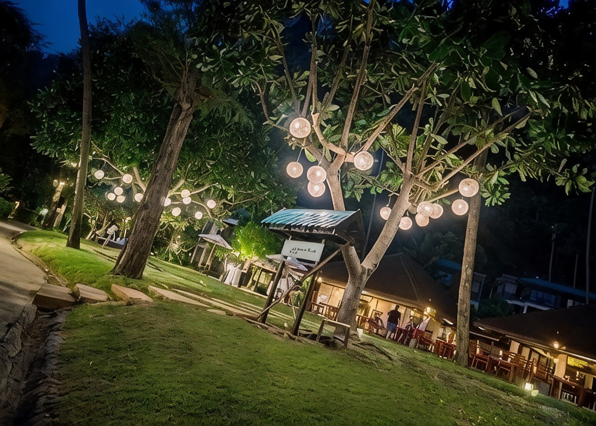 Sands Beach Club ริมหาดยามค่ำ ไฟประดับใต้ต้นไม้