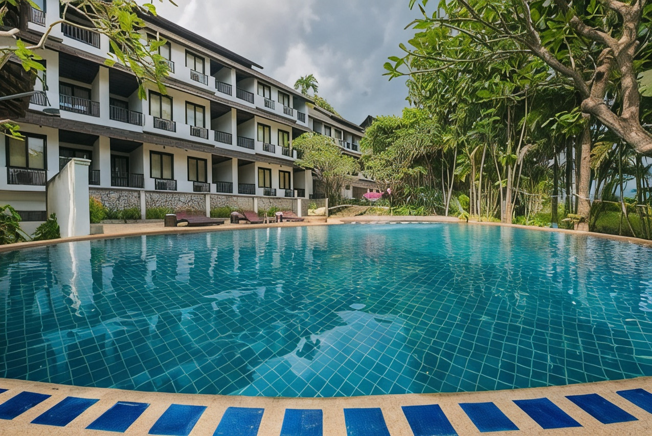 Outdoor swimming pool and room block with balconies