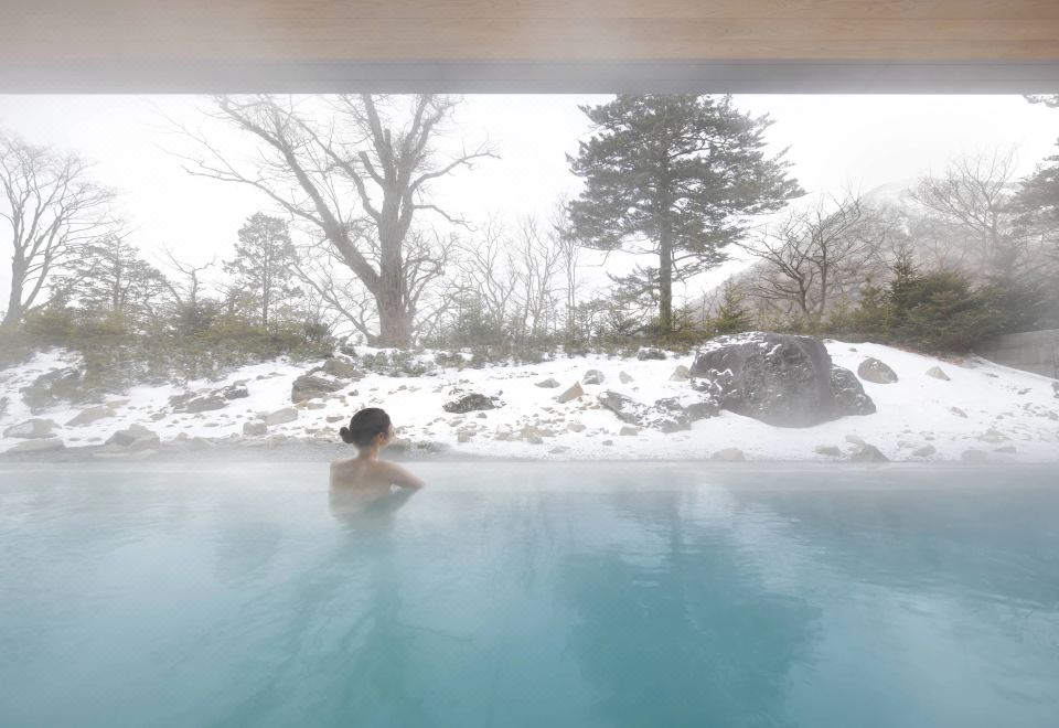 Outdoor onsen at The Ritz-Carlton Nikko in winter — snow-covered rocks and steam rising from hot spring water