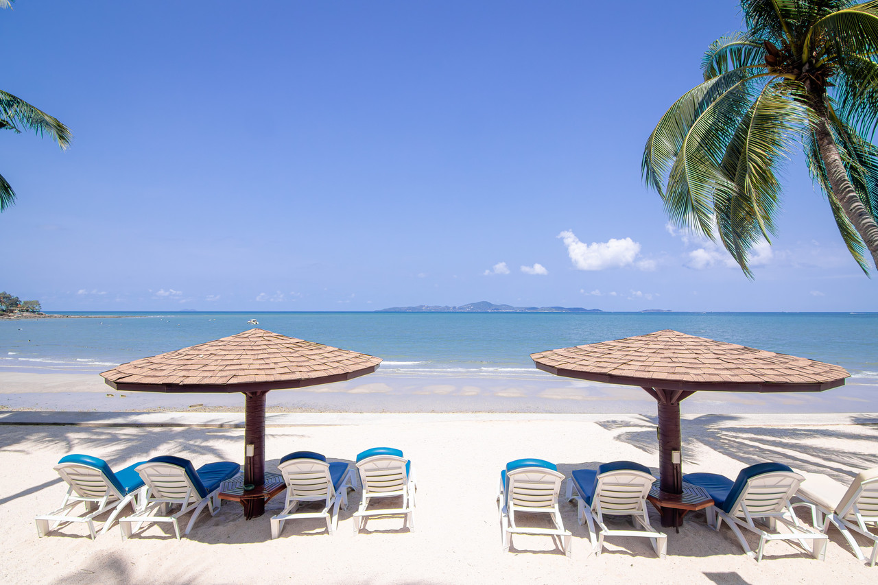 Private beach with umbrellas and loungers facing the blue sea