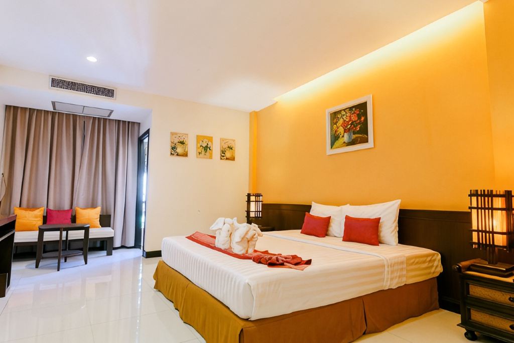 City Park Hotel Phatthalung guest room with yellow accent wall, queen bed and balcony