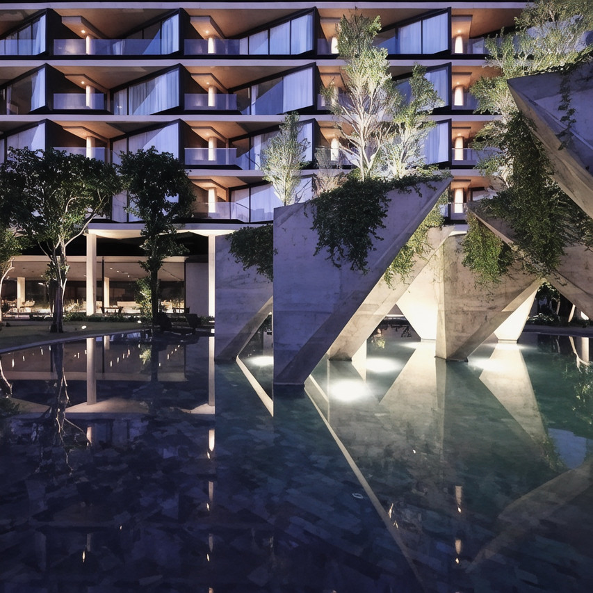 Ground-level reflecting pool with angled concrete columns and trees, lit at night