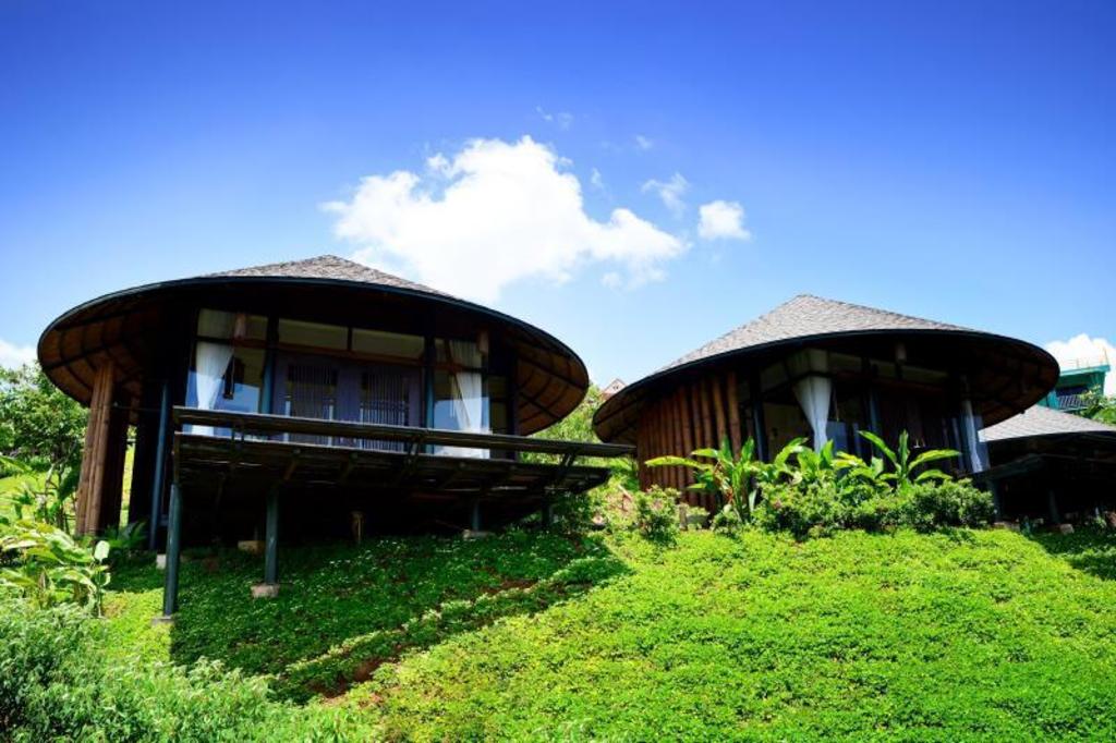 Two cone-roofed wooden cabins standing on a green grassy slope under a clear sky