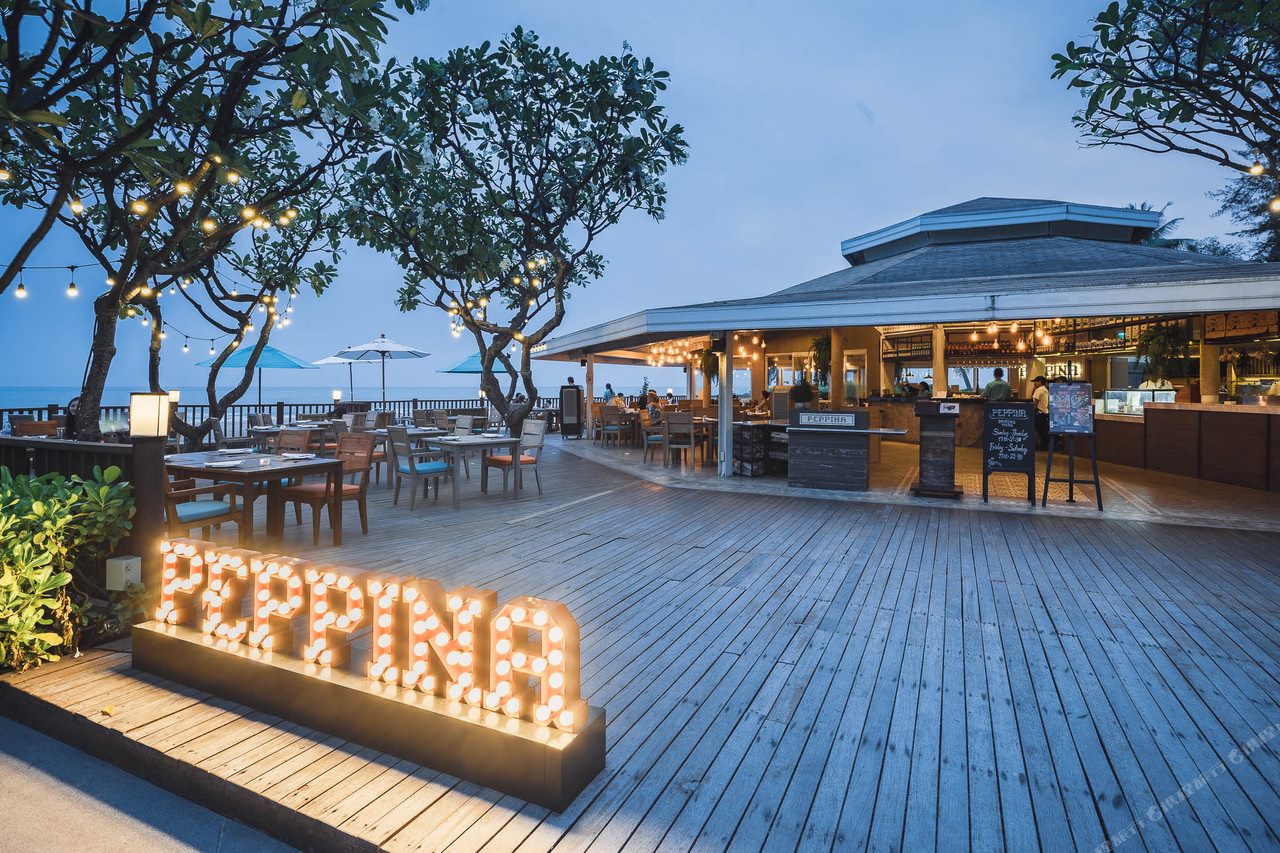 Peppina beachfront restaurant at sunset looking out to the Gulf