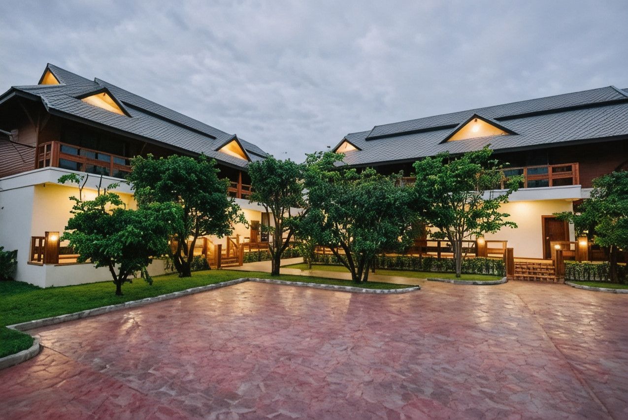 Brick-paved forecourt and the two-storey teak house at dusk with gables lit