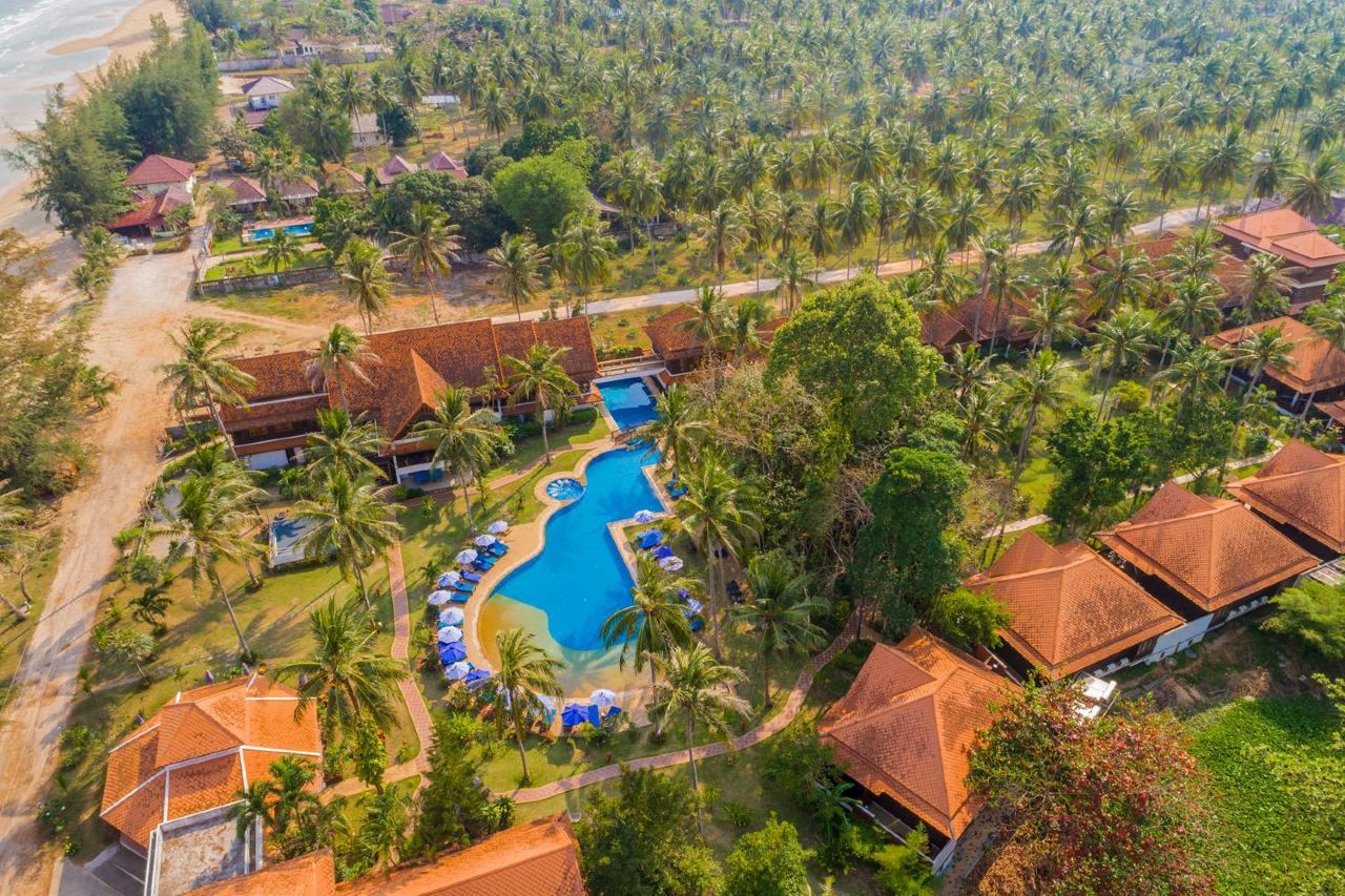 Aerial view of the pool and pitched-roof bungalows in the coconut grove at Coral Hotel Bangsaphan