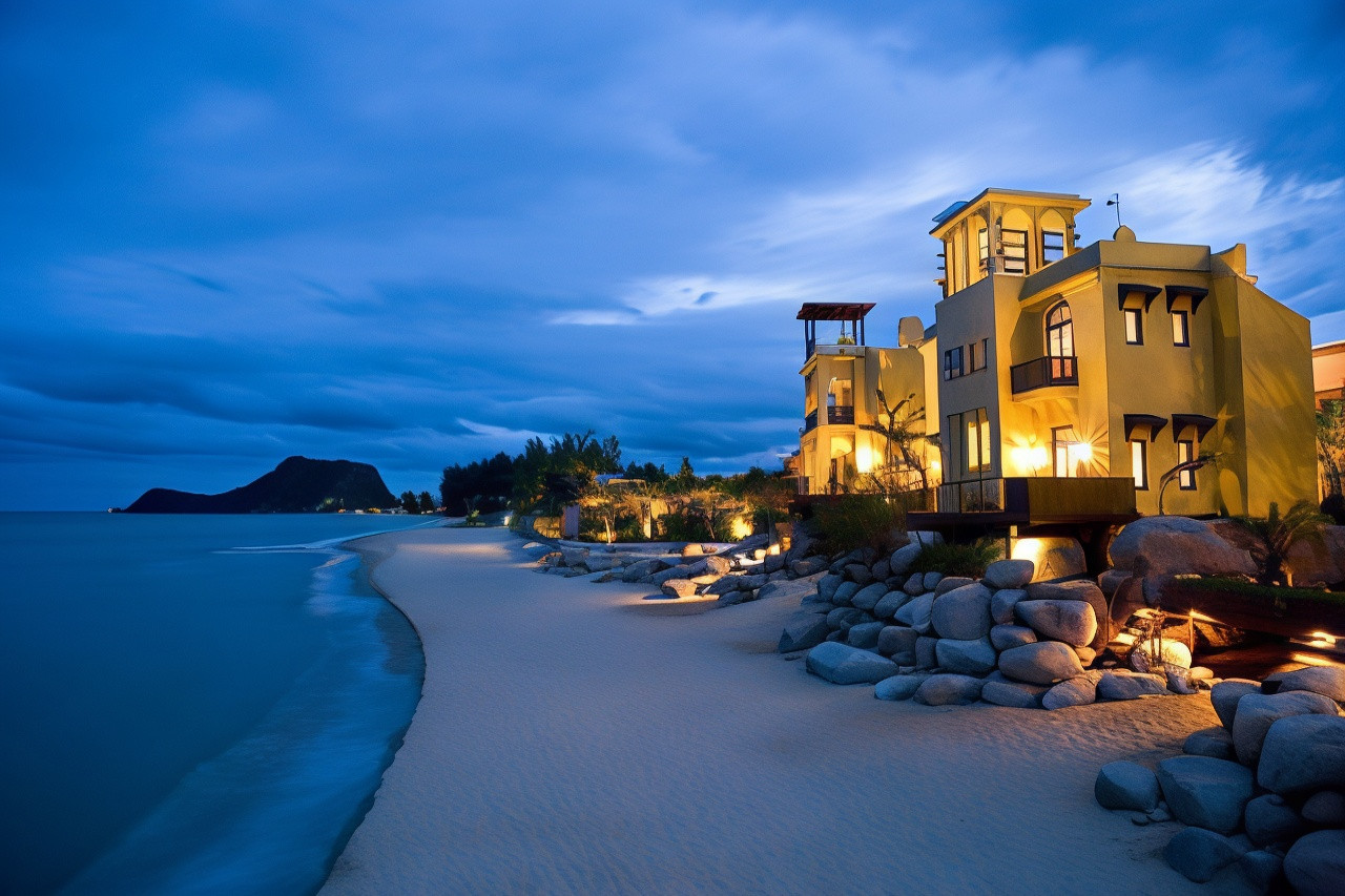 Moroccan beachfront building at Pak Nam Pran at dusk, warm lighting with a distant headland