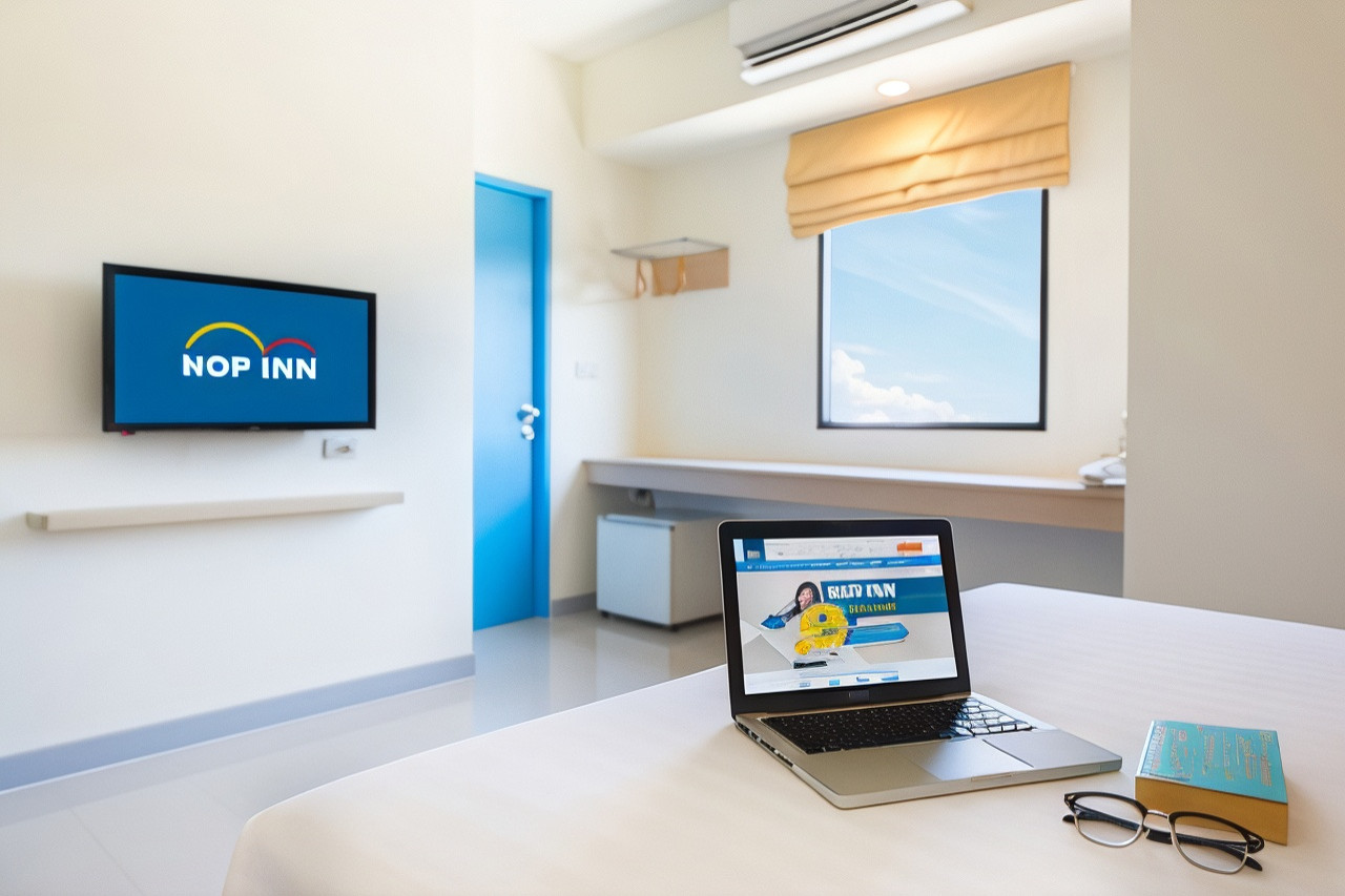 Standard room interior at Hop Inn Sa Kaeo showing long work desk by window, wall-mounted TV, brand blue door and mini-fridge underneath