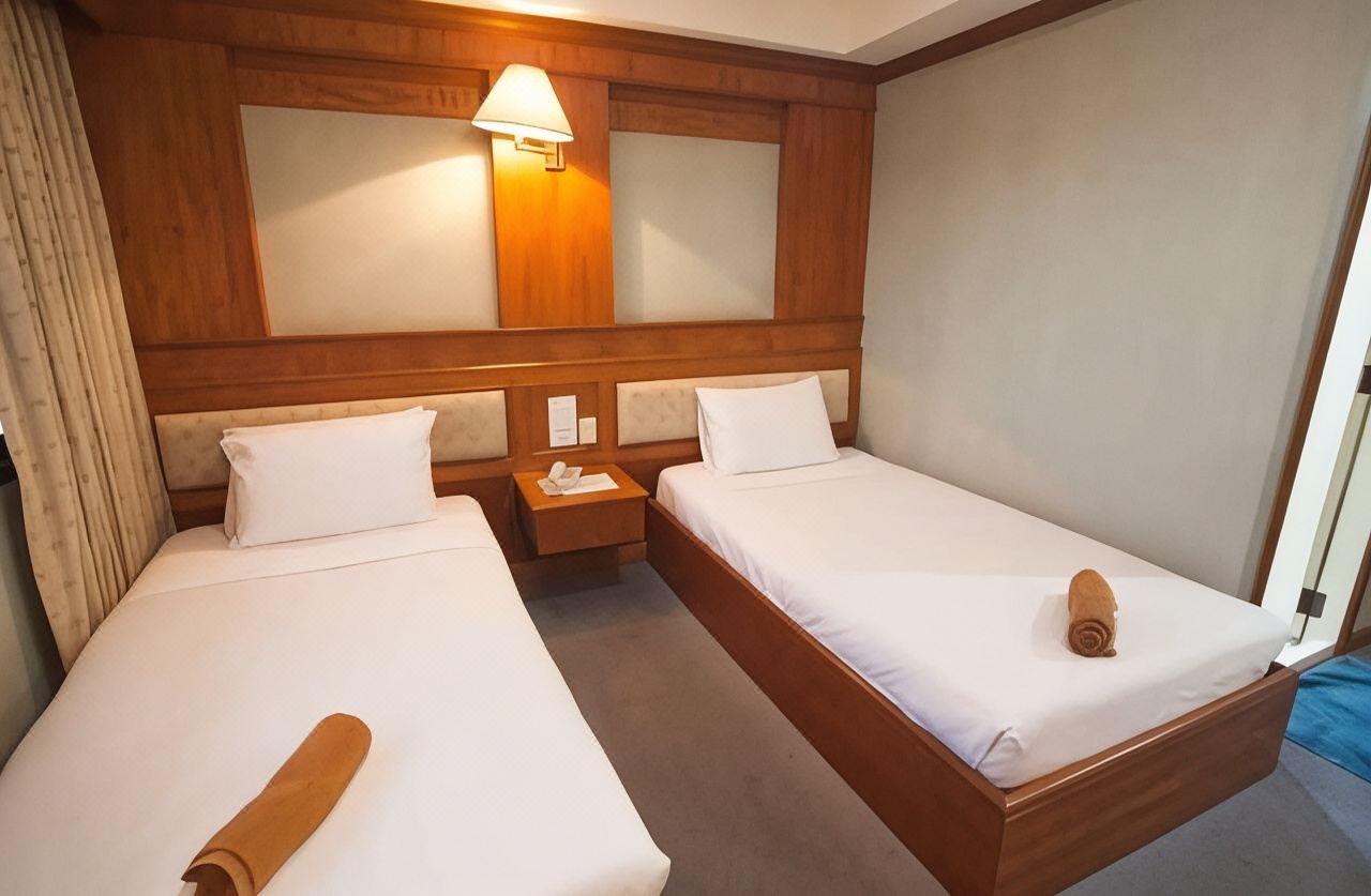 ห้องพักเตียงคู่กว้างของ Imperial Sakon Hotel ผนังหัวเตียงบุไม้สีน้ำตาล