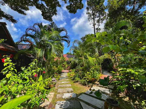 Lush garden walkway inside Ananya Lipe Resort