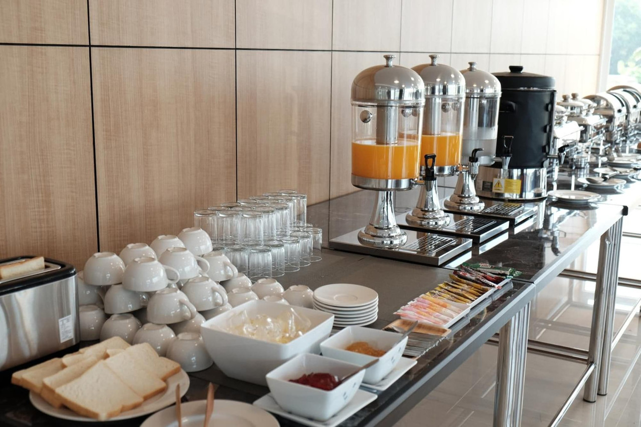 Hotel breakfast room and buffet line