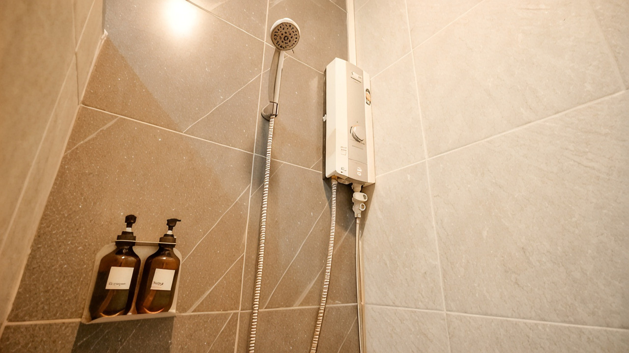 En-suite bathroom with an instant water heater and shower