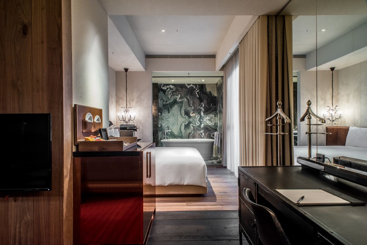 Copper lobby and corridor at Hotel Proverbs Taipei