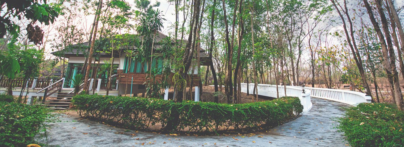 Wooden garden house with a white walkway and clipped hedges at Tak Andaman Hotel