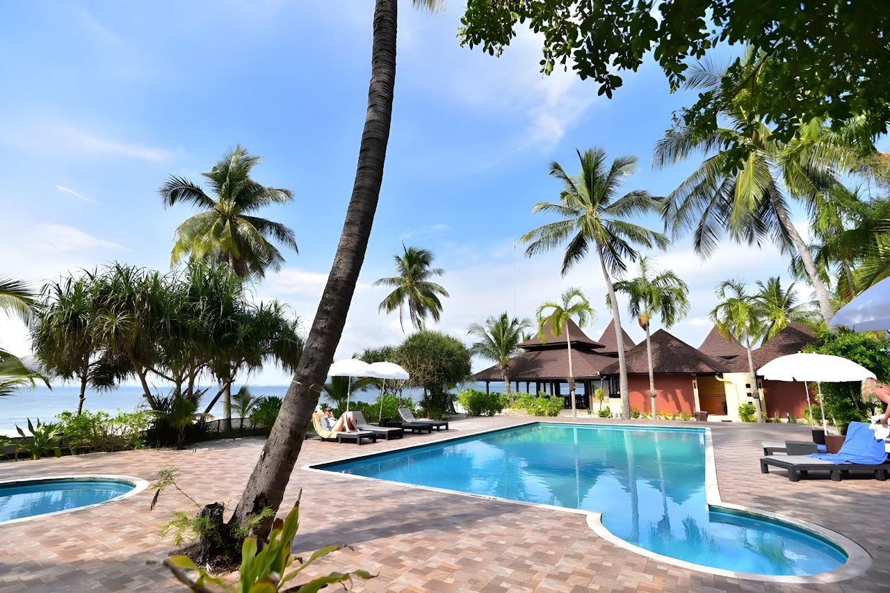 Two saltwater pools among coconut palms by the sea