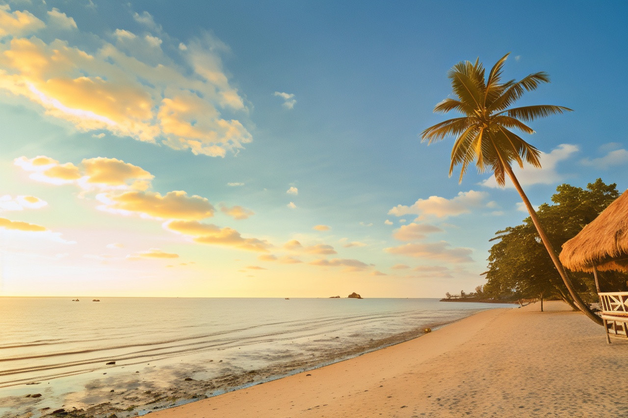 Klong Prao Beach at sunset with palm trees and a thatched sala