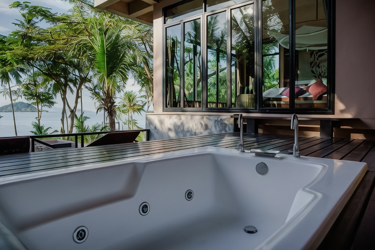 Open-air spa bath on a villa terrace overlooking Ao Suan Yai bay