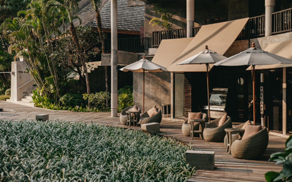 Garden café with rattan loungers and umbrellas beside Klong Prao Beach